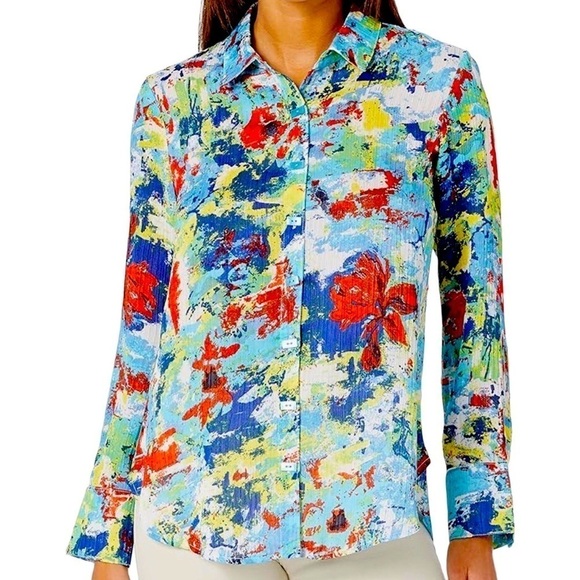 Multiples Women’s S Artsy Vibrant Watercolor Relaxed Loose Fit Button Up Shirt - Picture 1 of 13